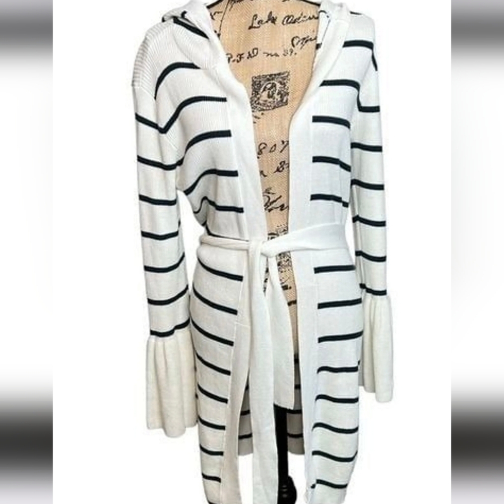 Chaser White and Black Striped Hoodie Cardigan